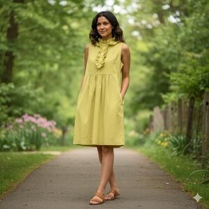Vibrant Chartreuse Yellow Ruffle Collar Sleeveless Summer Midi Dress Size 6